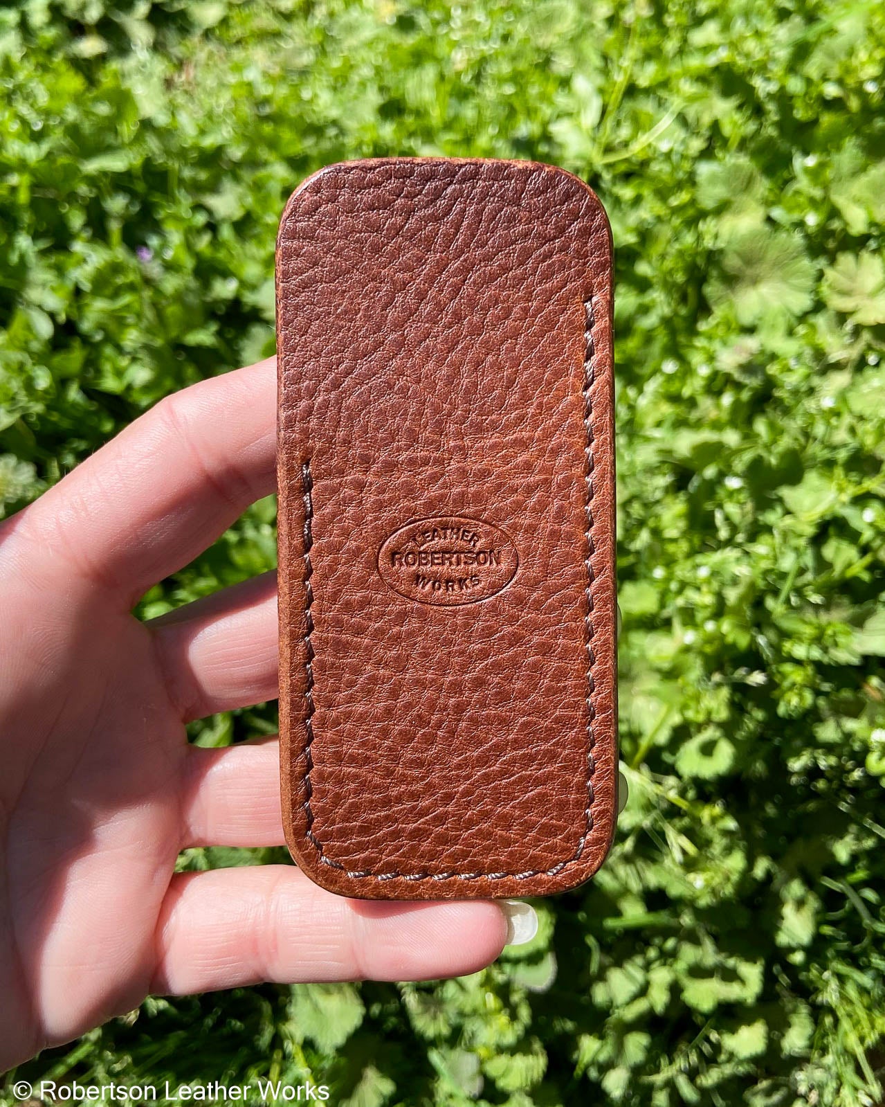 Small Brown Minerva Box Leather Knife Slip, Brown Stitching