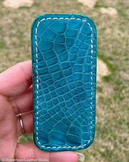 Small Light Blue Alligator Leather Knife Slip, Cream Stitching