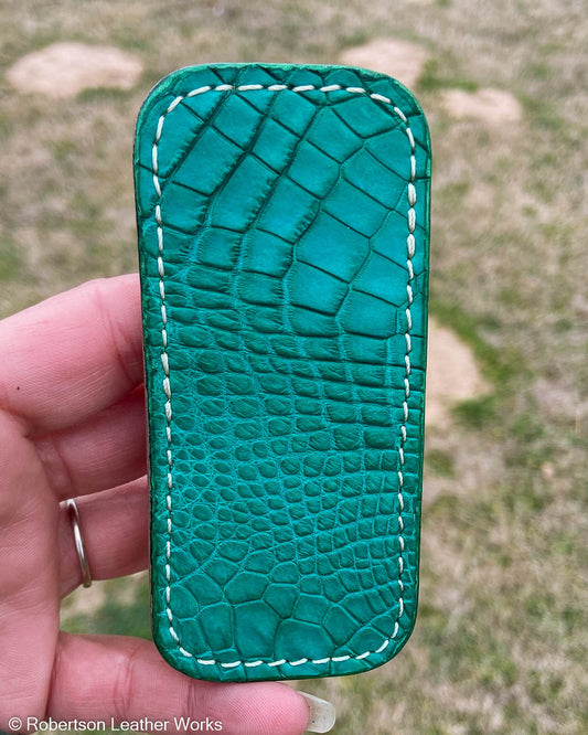 Small Emerald Alligator Leather Knife Slip, Cream Stitching