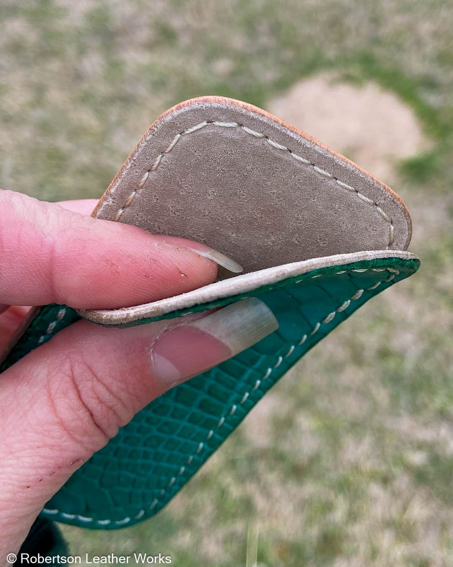 Small Emerald Alligator Leather Knife Slip, Cream Stitching
