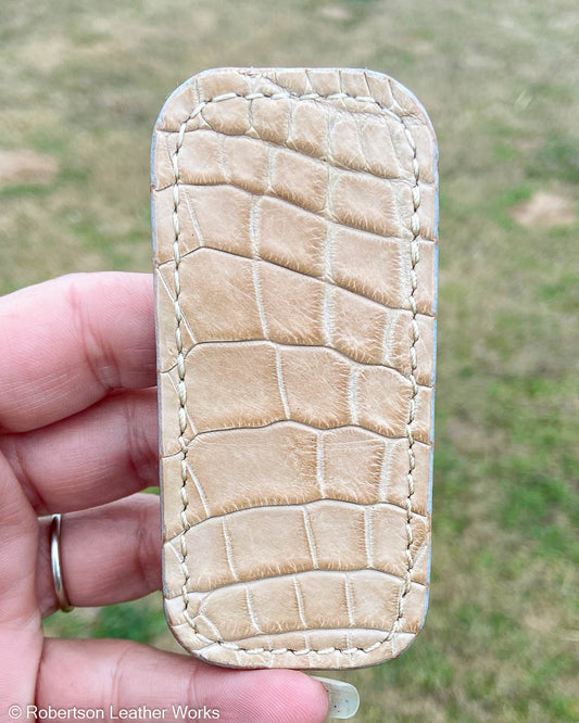 Micro Light Tan Alligator Leather Knife Slip, Cream Stitching