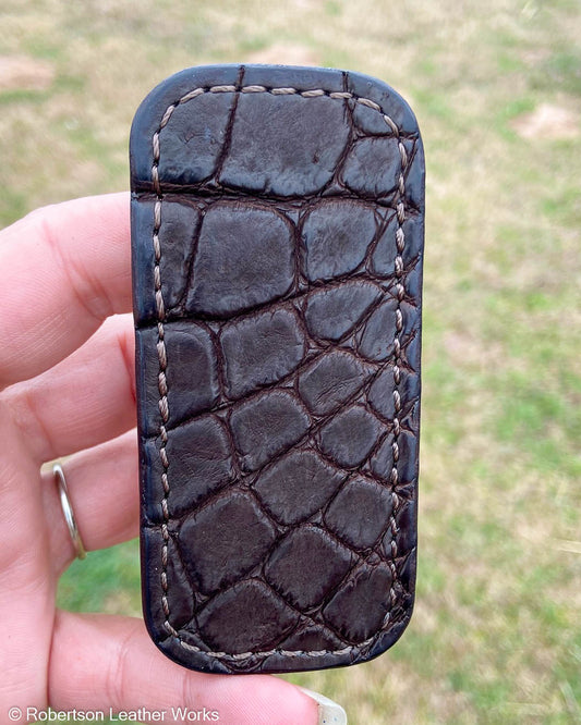 Micro Espresso Alligator Leather Knife Slip, Brown Stitching