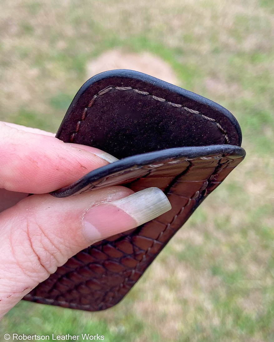 Micro Brown Alligator Leather Knife Slip, Brown Stitching 2