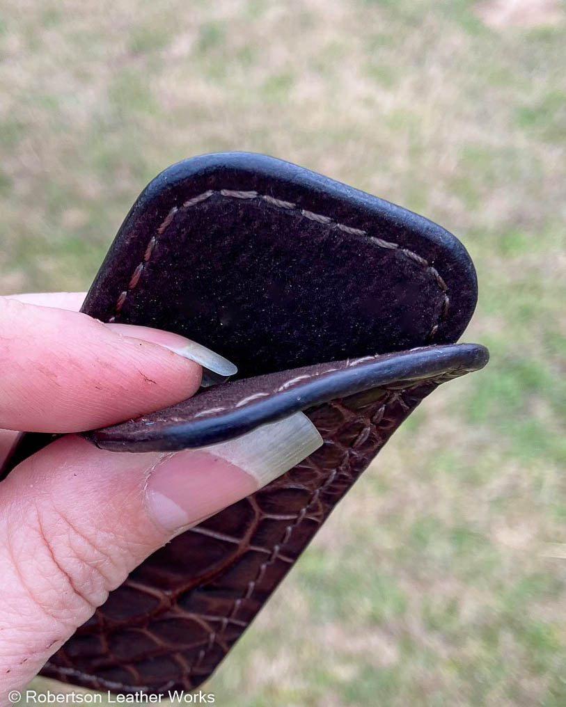 Micro Dark Brown Alligator Leather Knife Slip, Brown Stitching