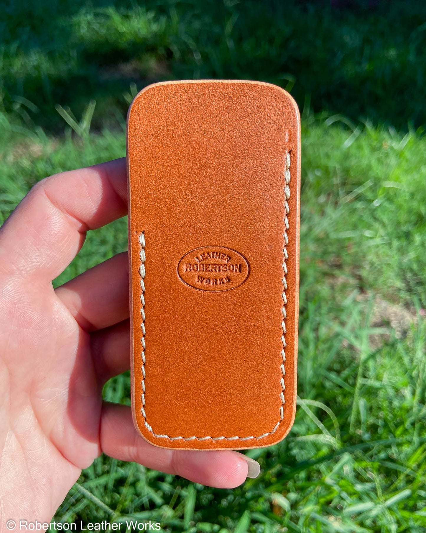 Small Amber Veg Tan Leather Knife Slip, Cream Stitching