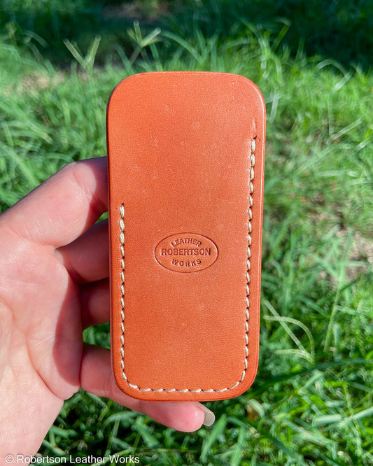 Small Patina Veg Tan Leather Knife Slip, Cream Stitching