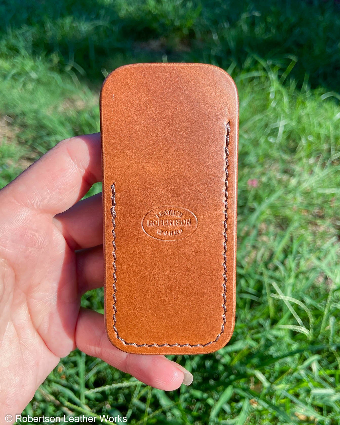 Small Antique Tan Oxford Leather Knife Slip, Brown Stitching