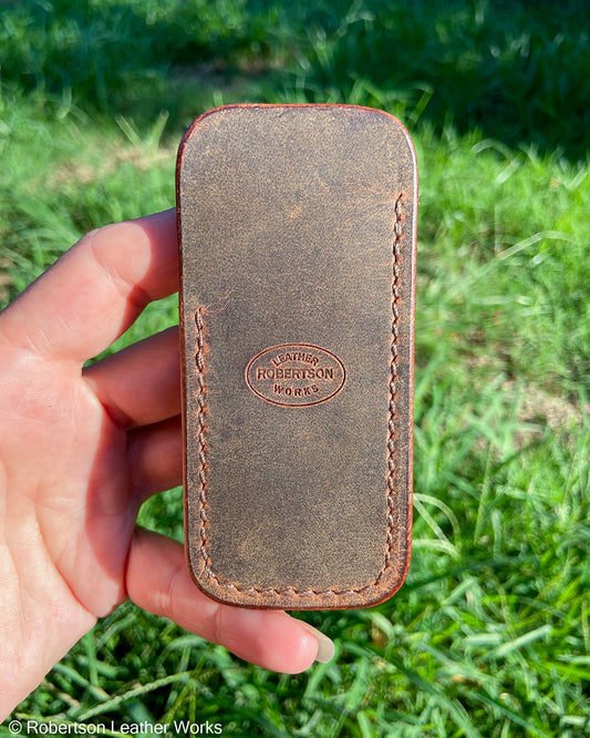 Small Rustic Brown Water Buffalo Leather Knife Slip, Brown Stitching