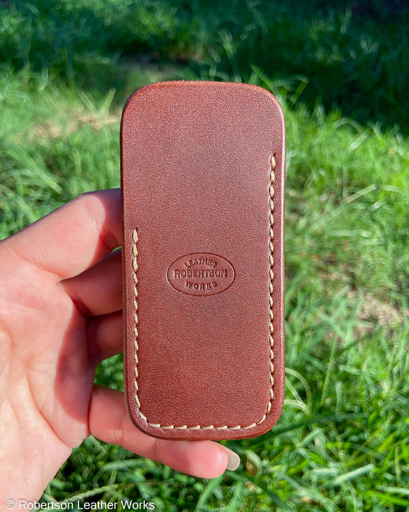 Small English Chestnut Oil Tan Leather Knife Slip, Cream Stitching