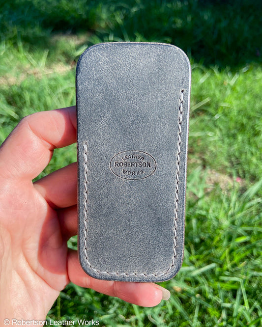 Small Denim Water Buffalo Leather Knife Slip, Silver Stitching
