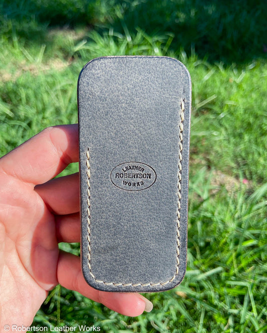 Small Denim Water Buffalo Leather Knife Slip, Cream Stitching