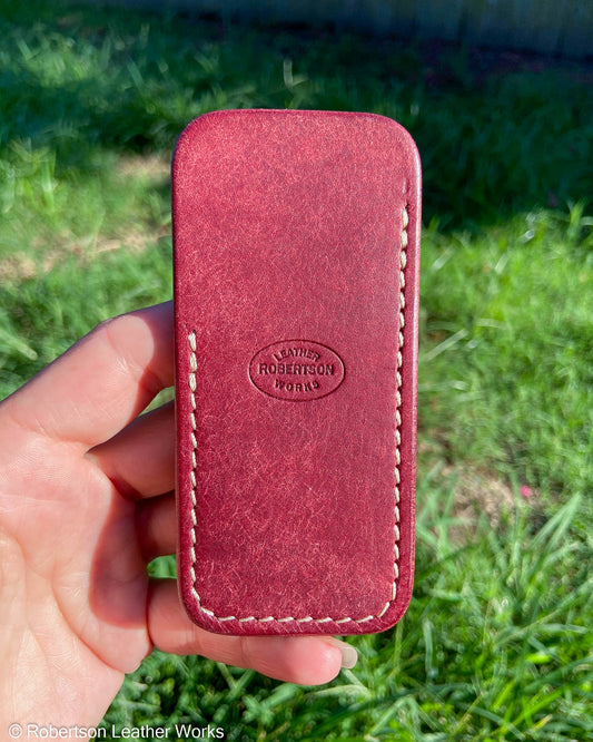 Schmedium Red Pueblo Leather Knife Slip, Cream Stitching