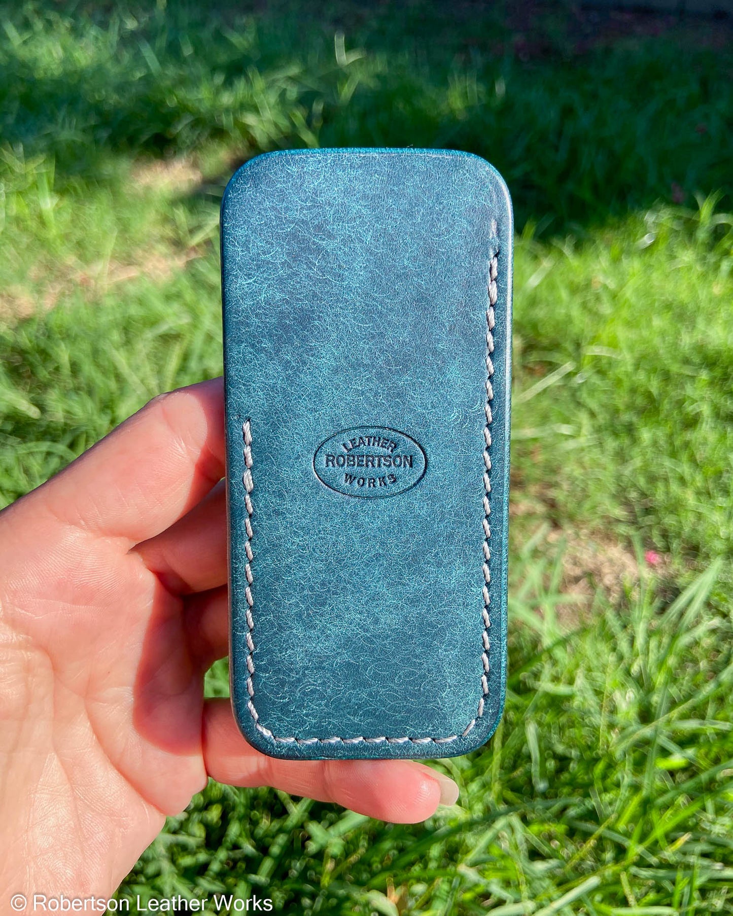 Schmedium Blue Pueblo Leather Knife Slip, Silver Stitching