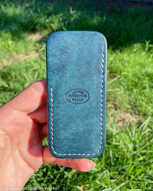 Schmedium Blue Pueblo Leather Knife Slip, Silver Stitching