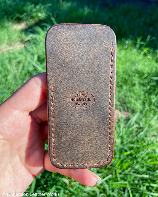 Schmedium Rustic Brown Water Buffalo Leather Knife Slip, Brown Stitching