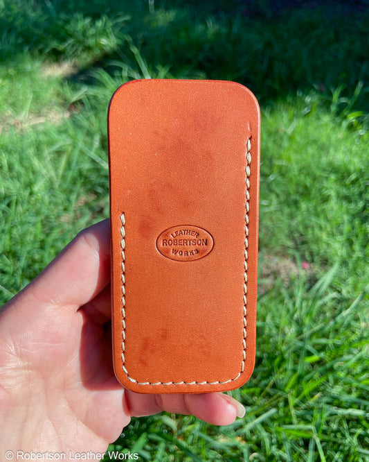 Schmedium Patina Veg Tan Leather Knife Slip, Cream Stitching