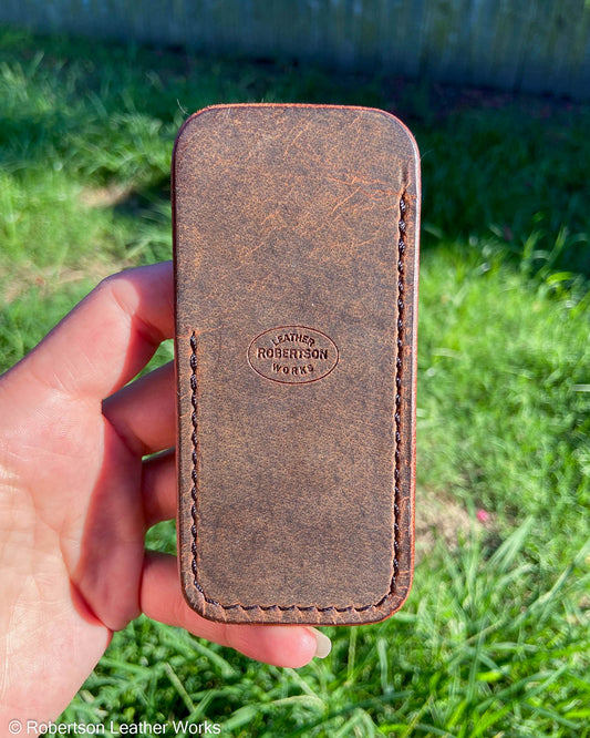 Medium Rustic Brown Water Buffalo Leather Knife Slip, Black Stitching