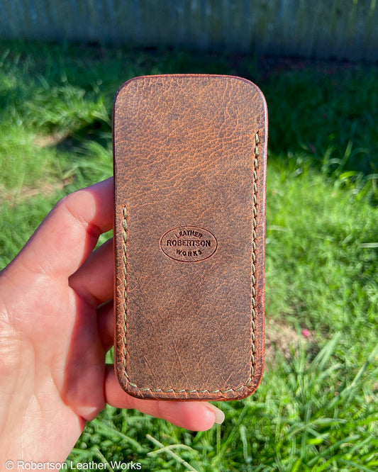 Medium Rustic Brown Water Buffalo Leather Knife Slip, OD Green Stitching