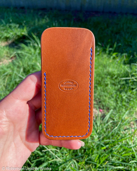 Medium Antique Tan Oxford Leather Knife Slip, Blue Stitching
