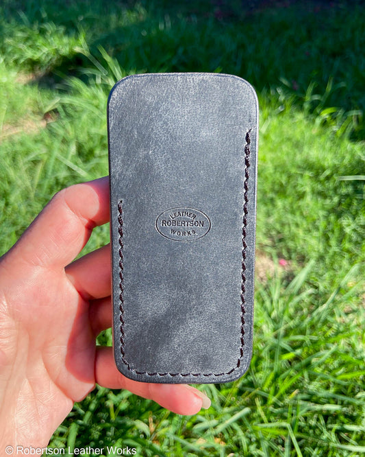 Medium Denim Water Buffalo Leather Knife Slip, Black Stitching