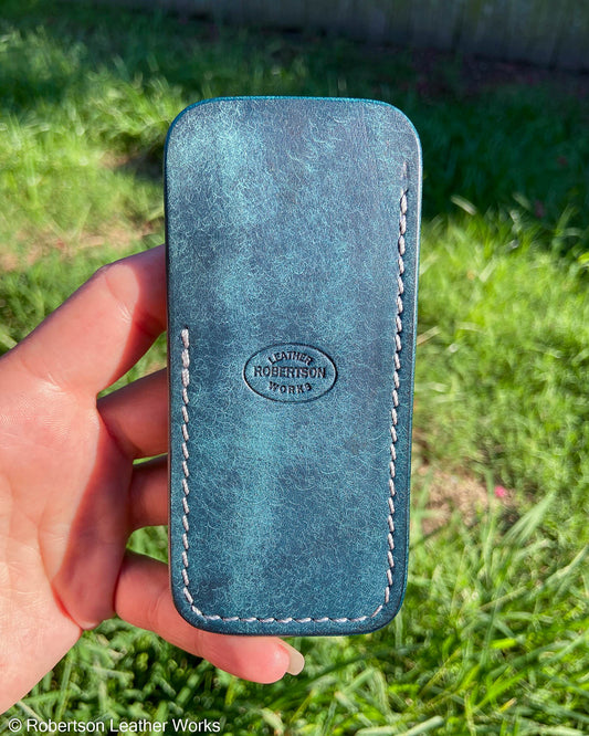 Medium Blue Pueblo Leather Knife Slip, Silver Stitching