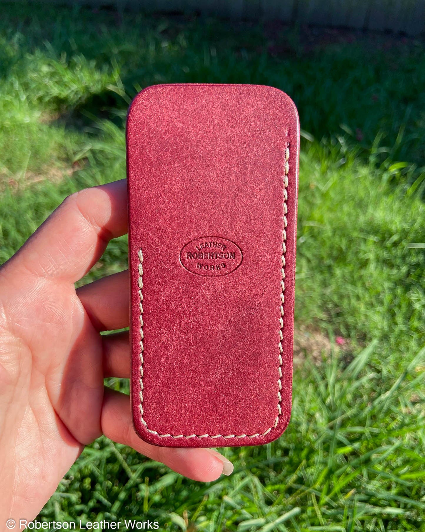 Medium Red Pueblo Leather Knife Slip, Cream Stitching