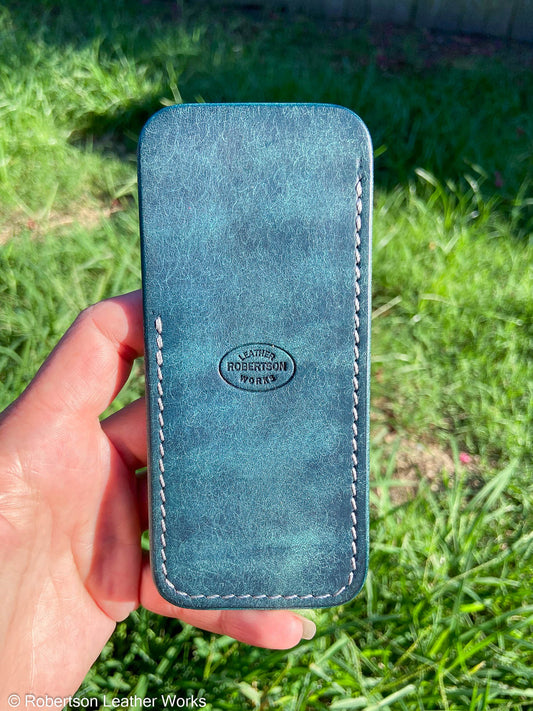 Large Blue Pueblo Leather Knife Slip, Silver Stitching
