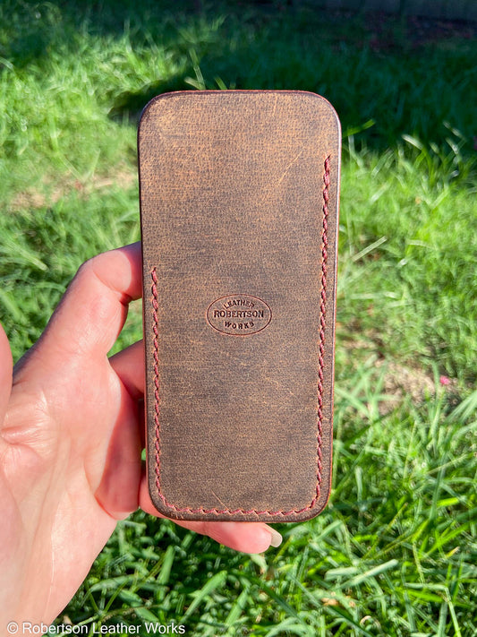 Large Rustic Brown Water Buffalo Leather Knife Slip, Maroon Stitching