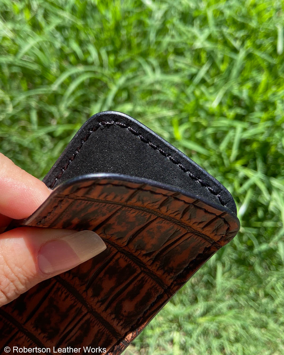 Large Cognac Safari Alligator Leather Knife Slip, Black Stitching