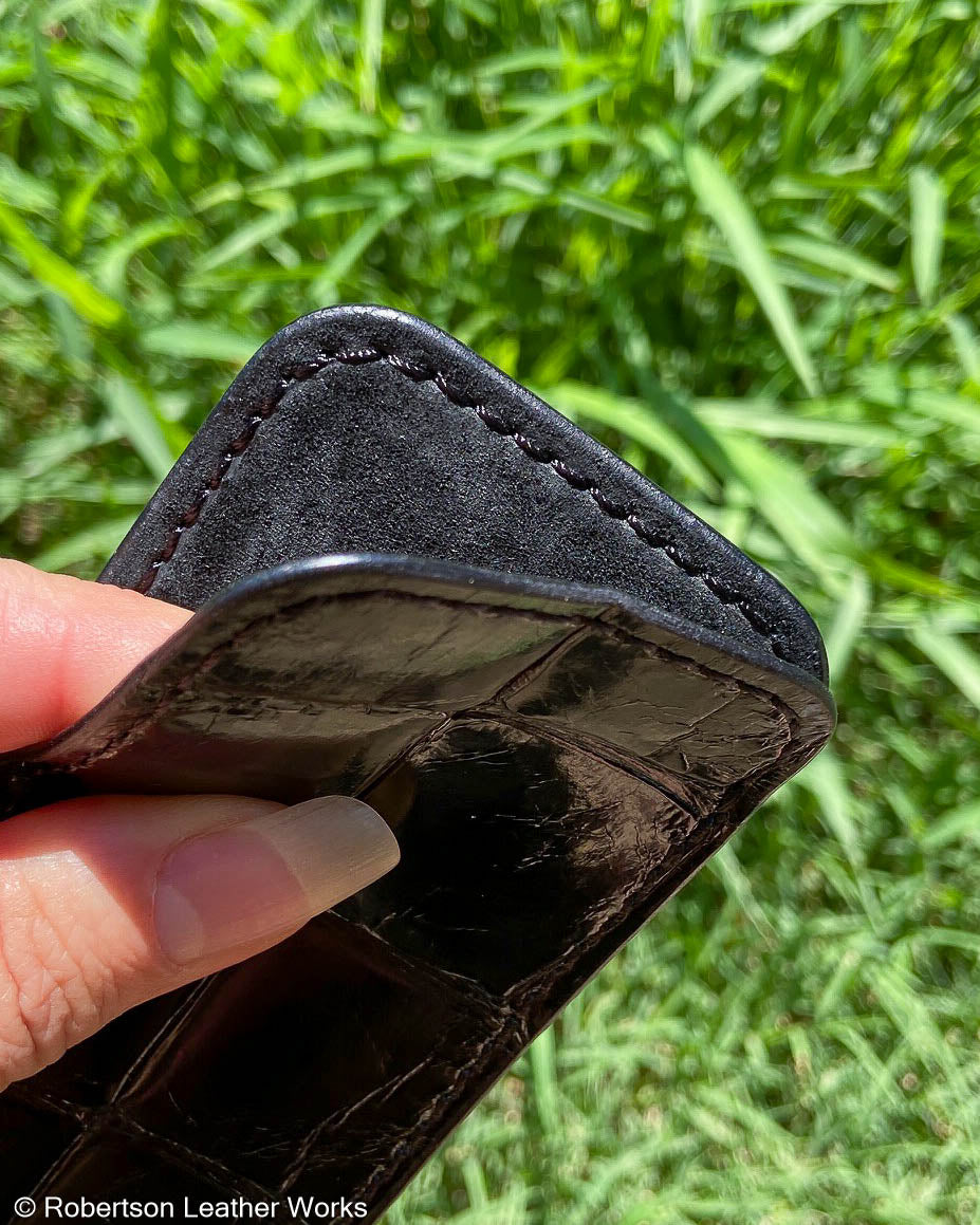 Large Black Glazed Alligator Leather Knife Slip, Black Stitching