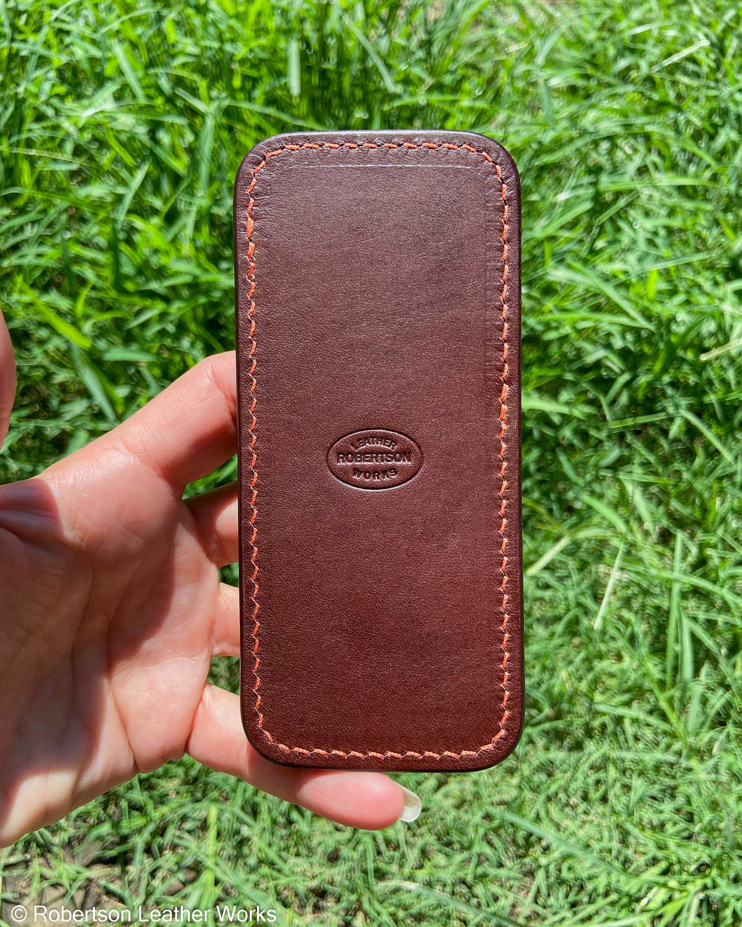 Large Sienna Alligator Leather Knife Slip, Tangerine Stitching