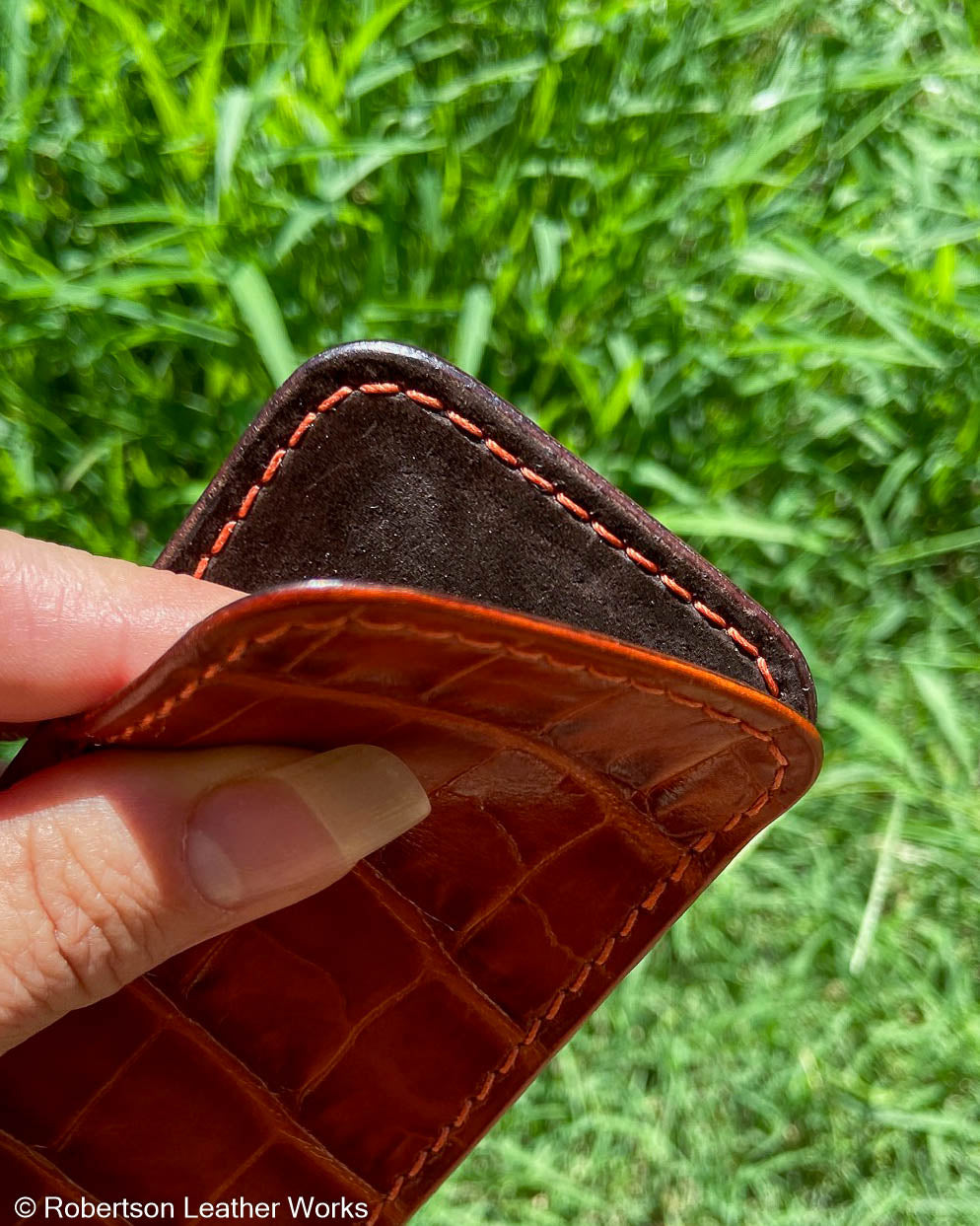 Large Sienna Alligator Leather Knife Slip, Tangerine Stitching