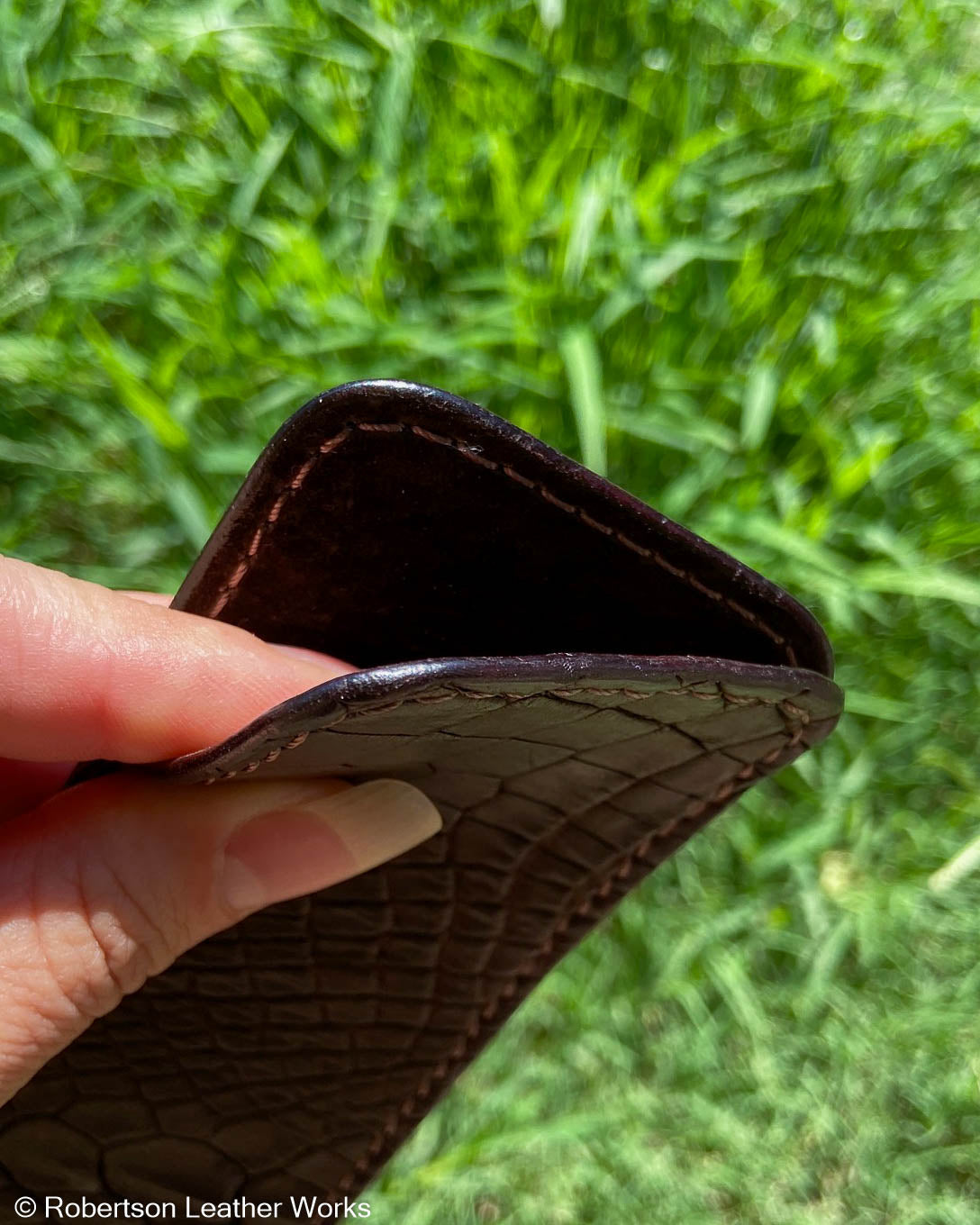 Large Dark Brown Alligator Leather Knife Slip, Brown Stitching