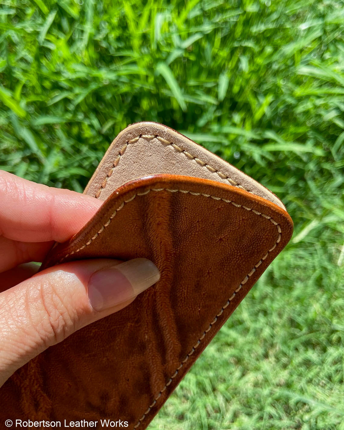 Large Antique Peat Elephant Leather Knife Slip, Cream Stitching