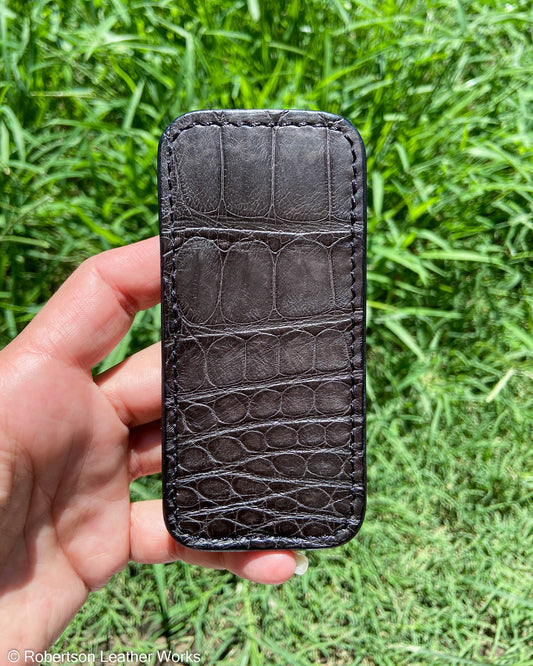 Medium Charcoal Crocodile Leather Knife Slip, Black Stitching