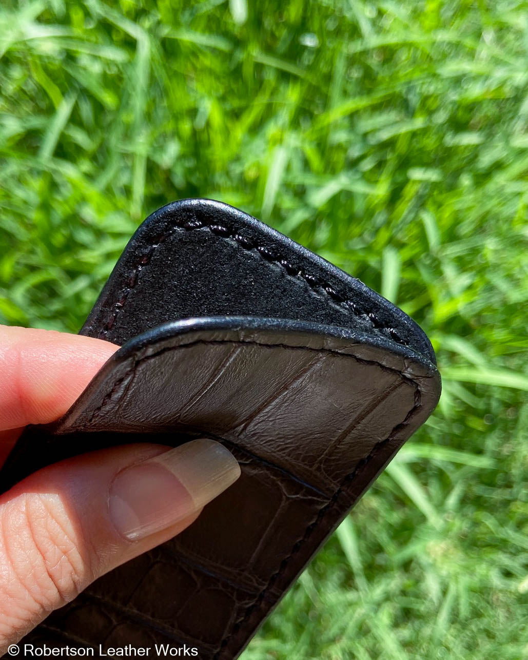 Medium Charcoal Crocodile Leather Knife Slip, Black Stitching
