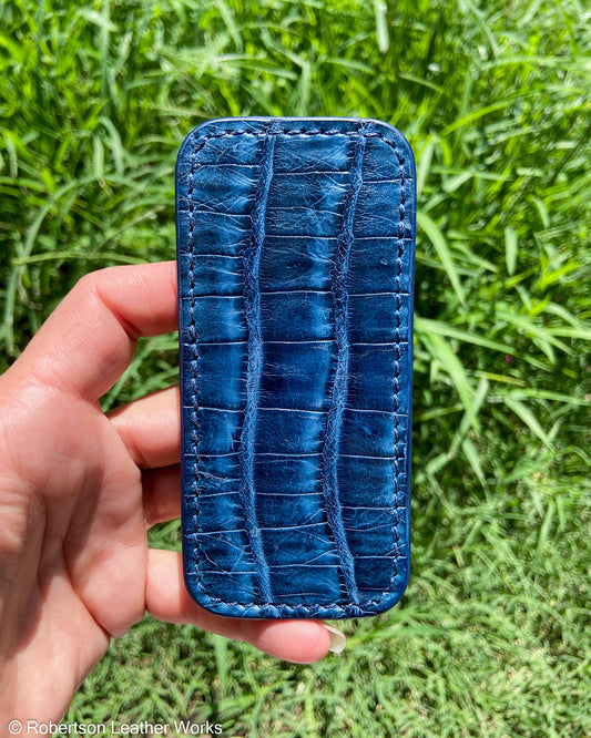 Medium Blue Caiman Tail Leather Knife Slip, Navy Stitching