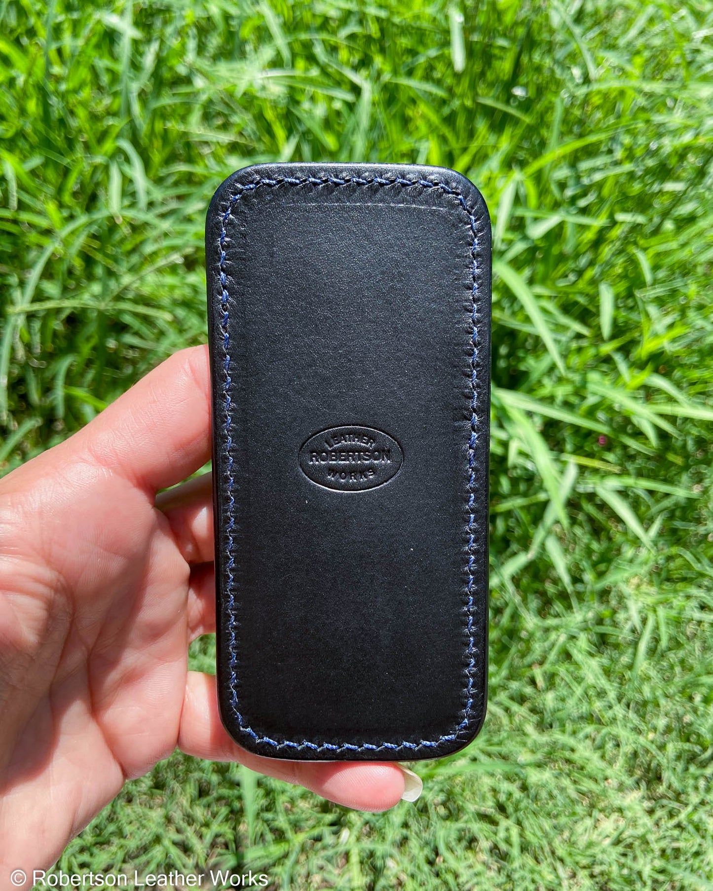 Medium Blue Caiman Tail Leather Knife Slip, Navy Stitching