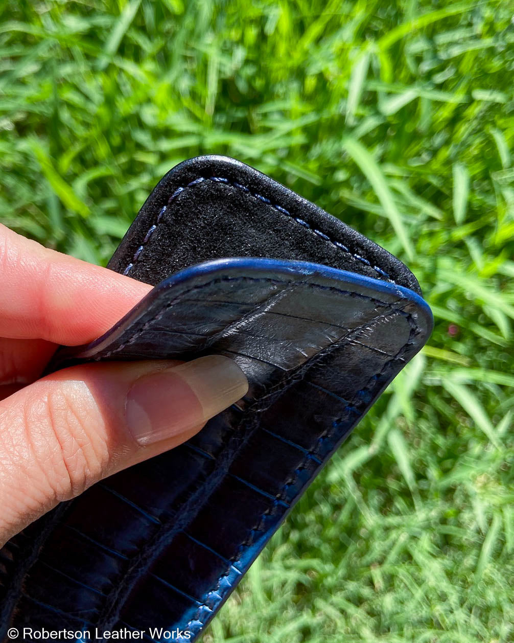 Medium Blue Caiman Tail Leather Knife Slip, Navy Stitching