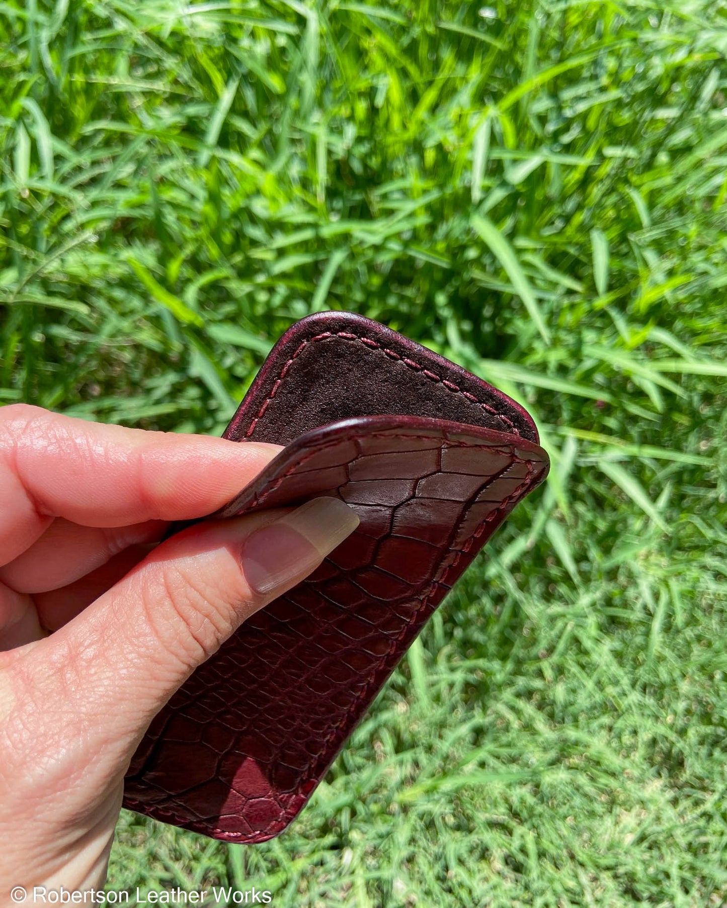 Medium Burgundy Alligator Leather Knife Slip, Maroon Stitching