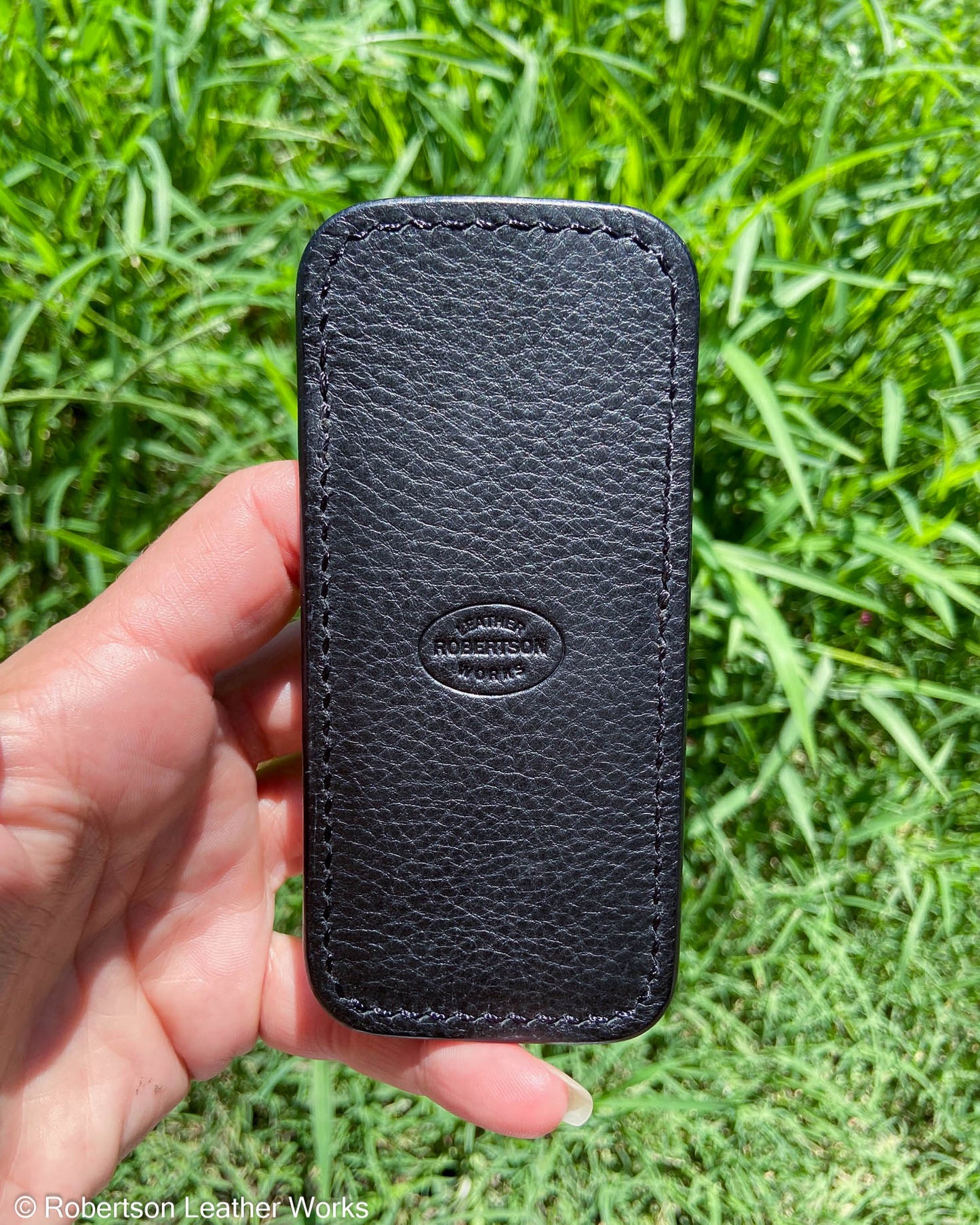 Medium Cognac Safari Alligator Leather Knife Slip, Black Stitching