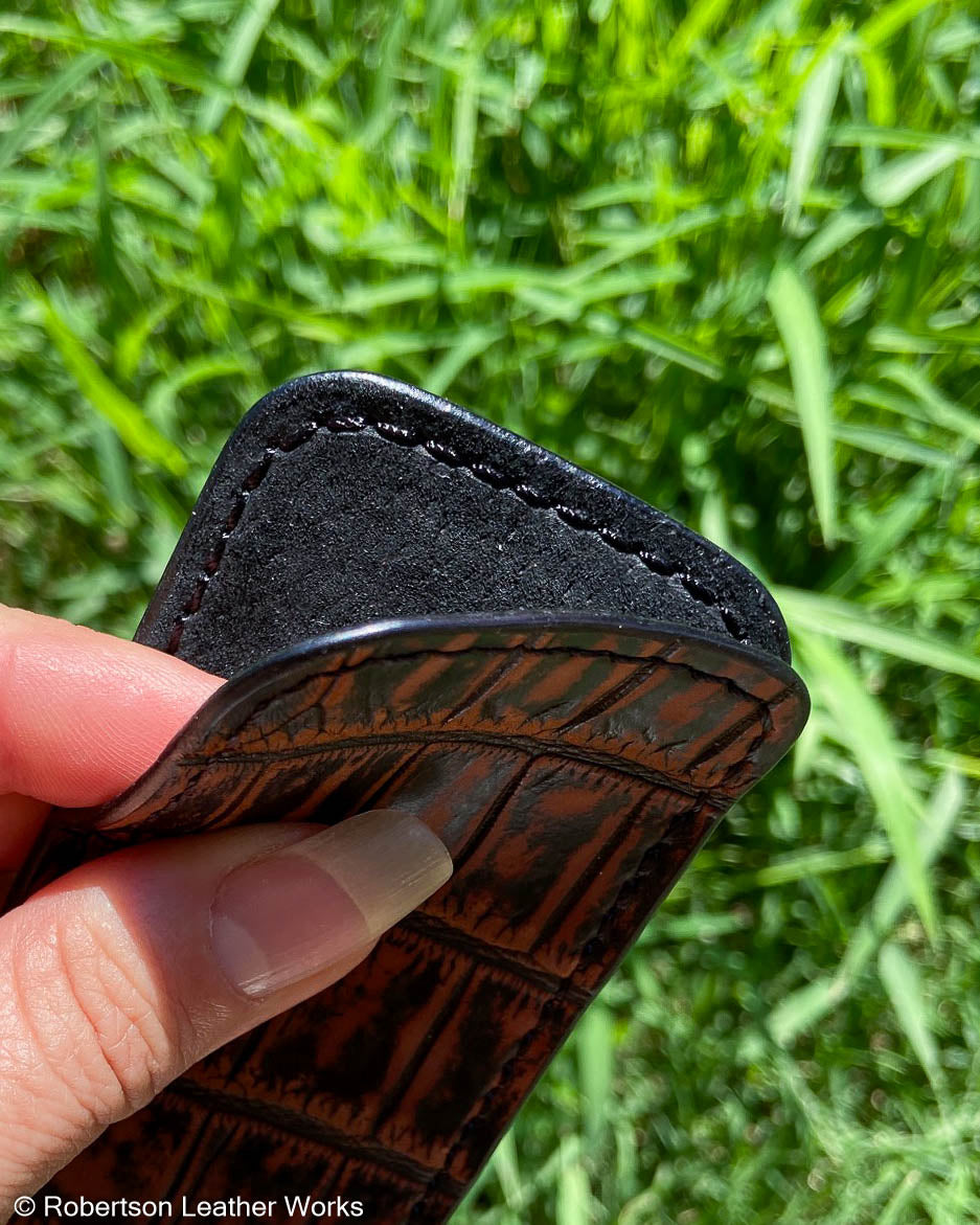 Medium Cognac Safari Alligator Leather Knife Slip, Black Stitching