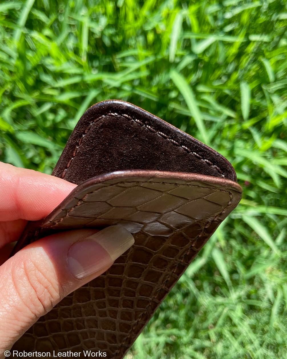 Medium Taupe Alligator Leather Knife Slip, Brown Stitching