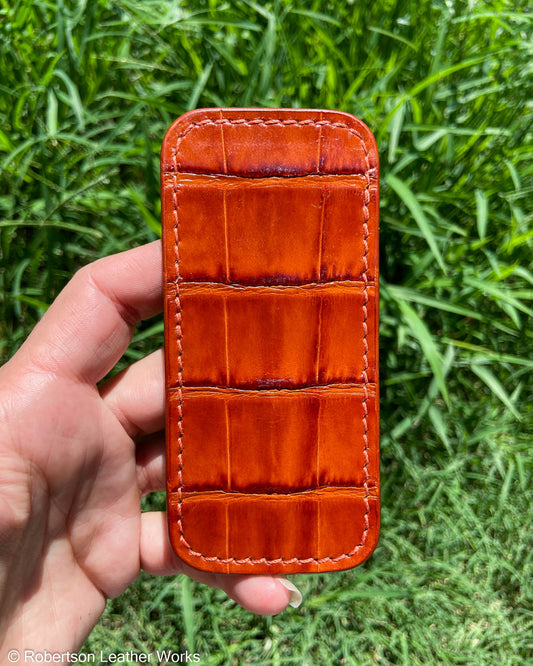 Medium Sienna Alligator Leather Knife Slip, Tangerine Stitching