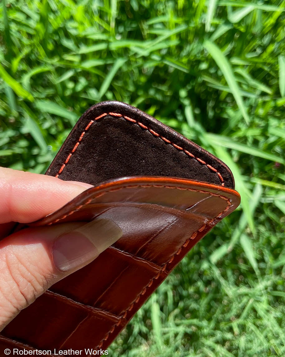 Medium Sienna Alligator Leather Knife Slip, Tangerine Stitching
