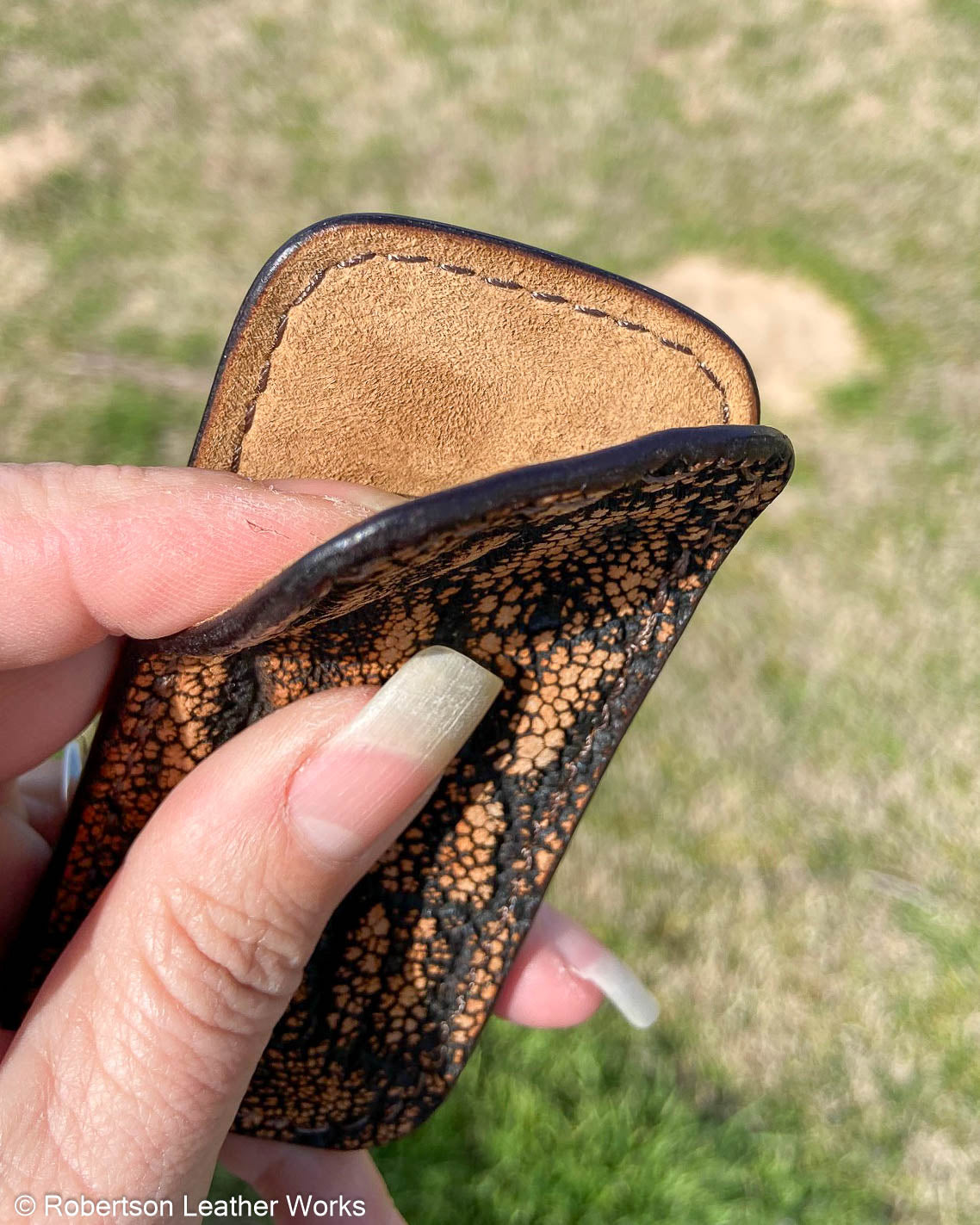 Small Cognac Safari Elephant Leather Knife Slip, Brown Stitching