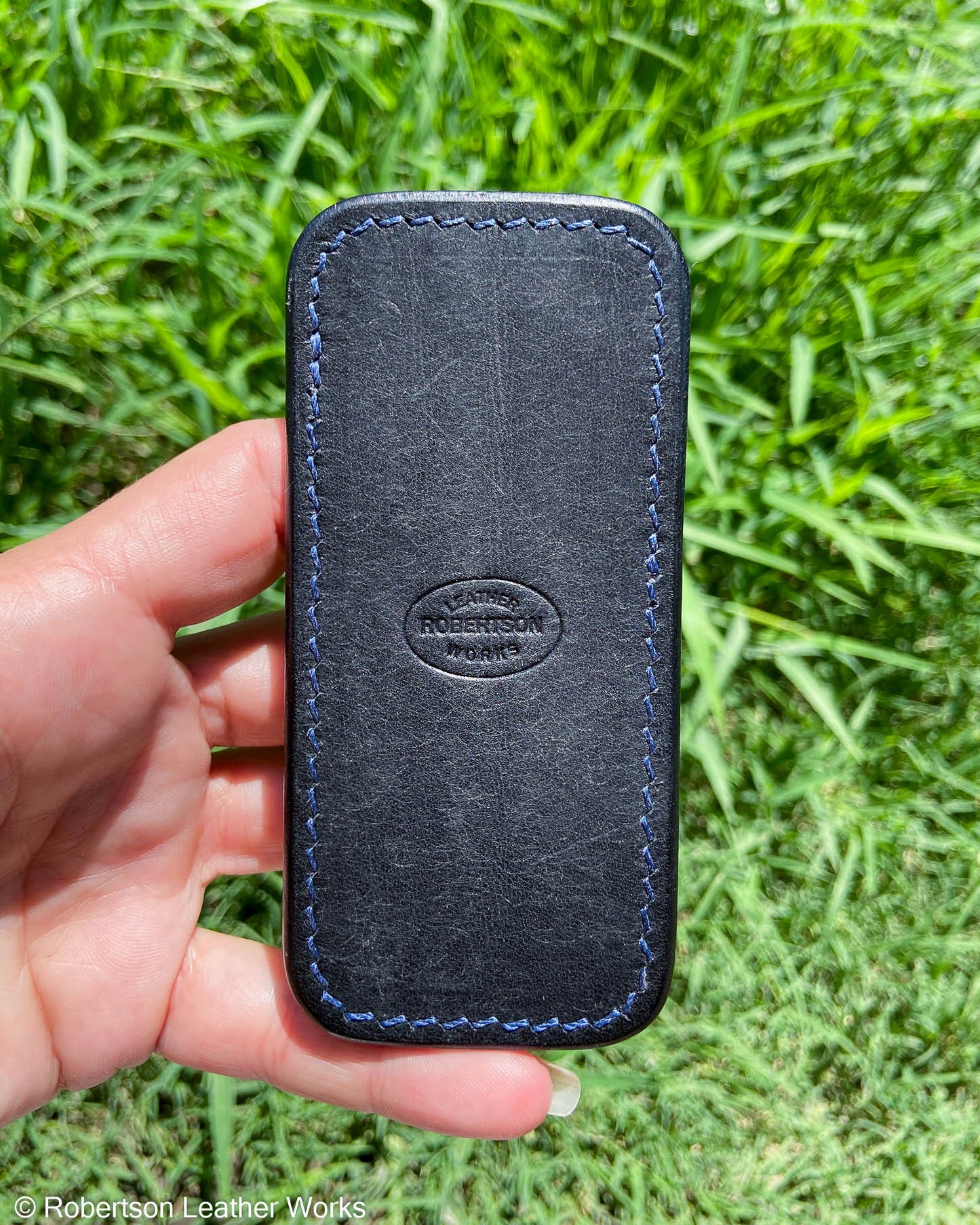 Schmedium Blue Alligator Leather Knife Slip, Navy Stitching