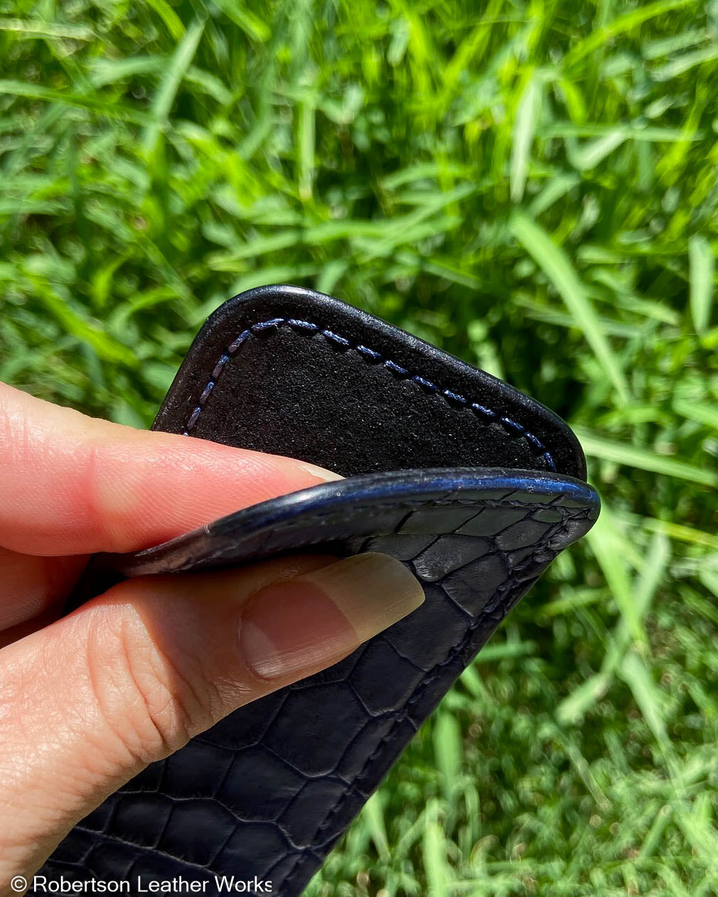 Schmedium Blue Alligator Leather Knife Slip, Navy Stitching