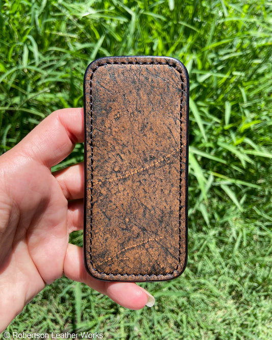Schmedium Cognac Safari Giraffe Leather Knife Slip, Black Stitching