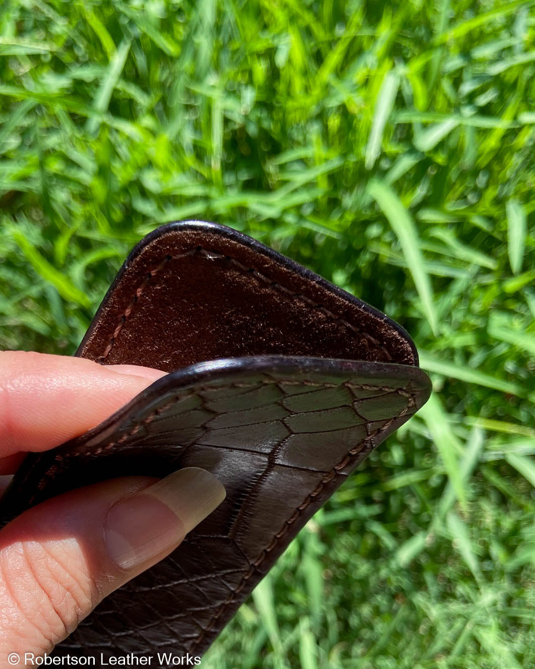 Schmedium Dark Brown Alligator Leather Knife Slip, Brown Stitching